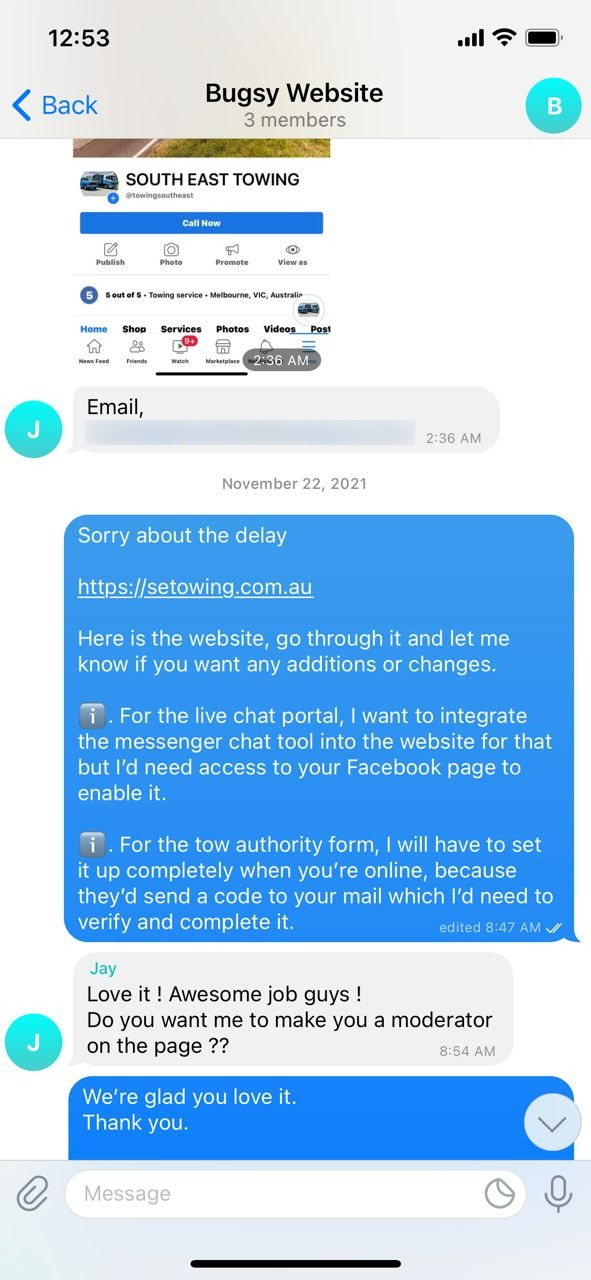 Client conversation with South East Towing